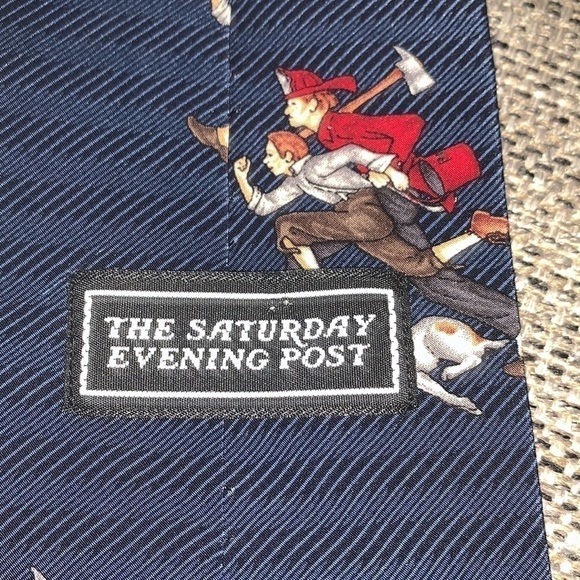 FIREMAN’S Necktie The Saturday Evening Post Norman Rockwell Fireman Dog Silk NEW - Picture 3 of 9
